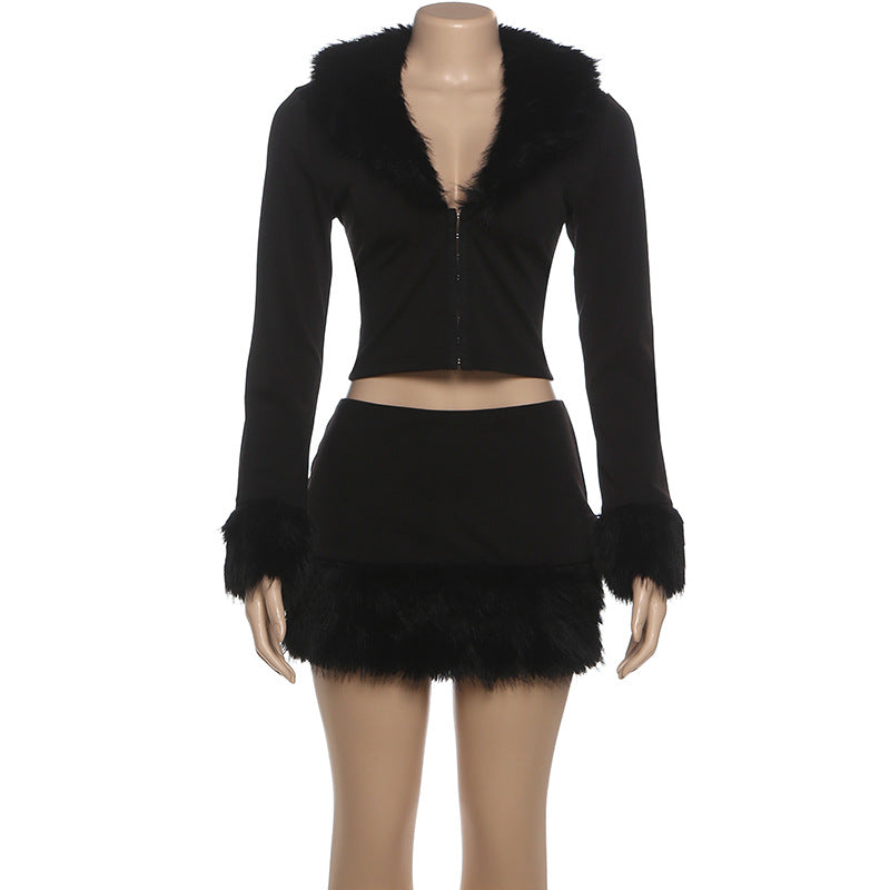 MB1153 Black Faux Fur Trim 2-Piece Set: Crop Top & Mini Skirt