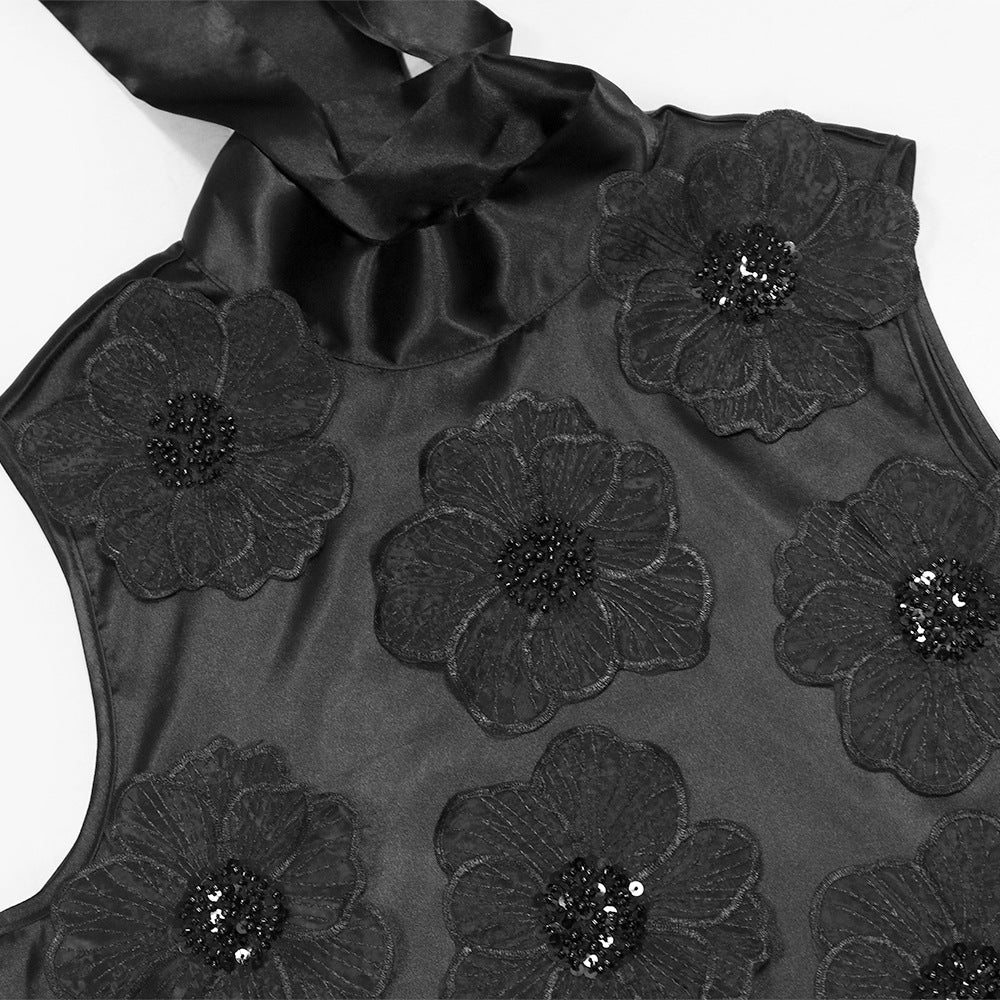 MB1215 Satin Sleeveless Midi Dress with 3D Floral Embellishments