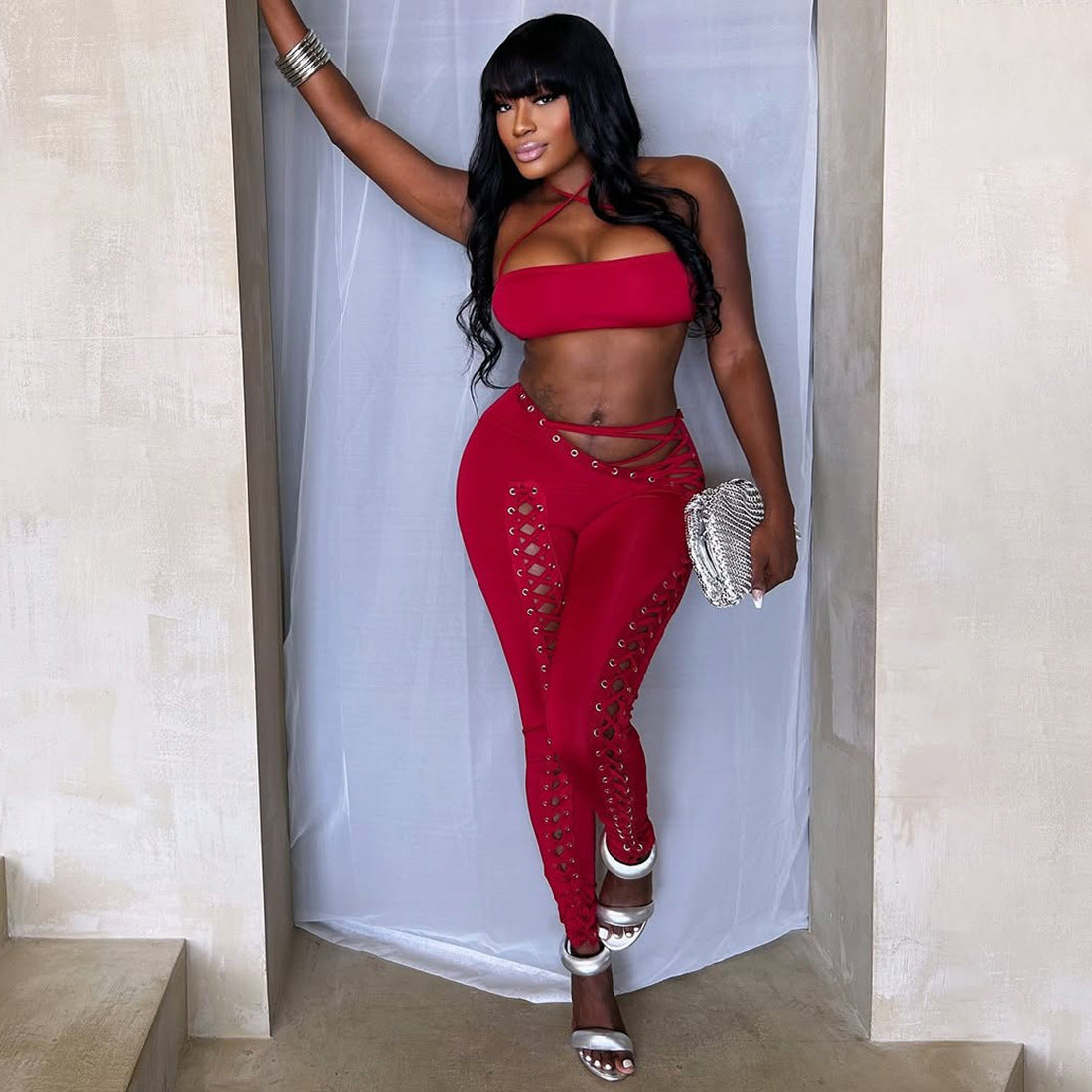 MB1807 Women's Nude Halter Bandeau Crop Top & Waist-Leg Lace-Up High-Waist Leggings Two-Piece Outfit