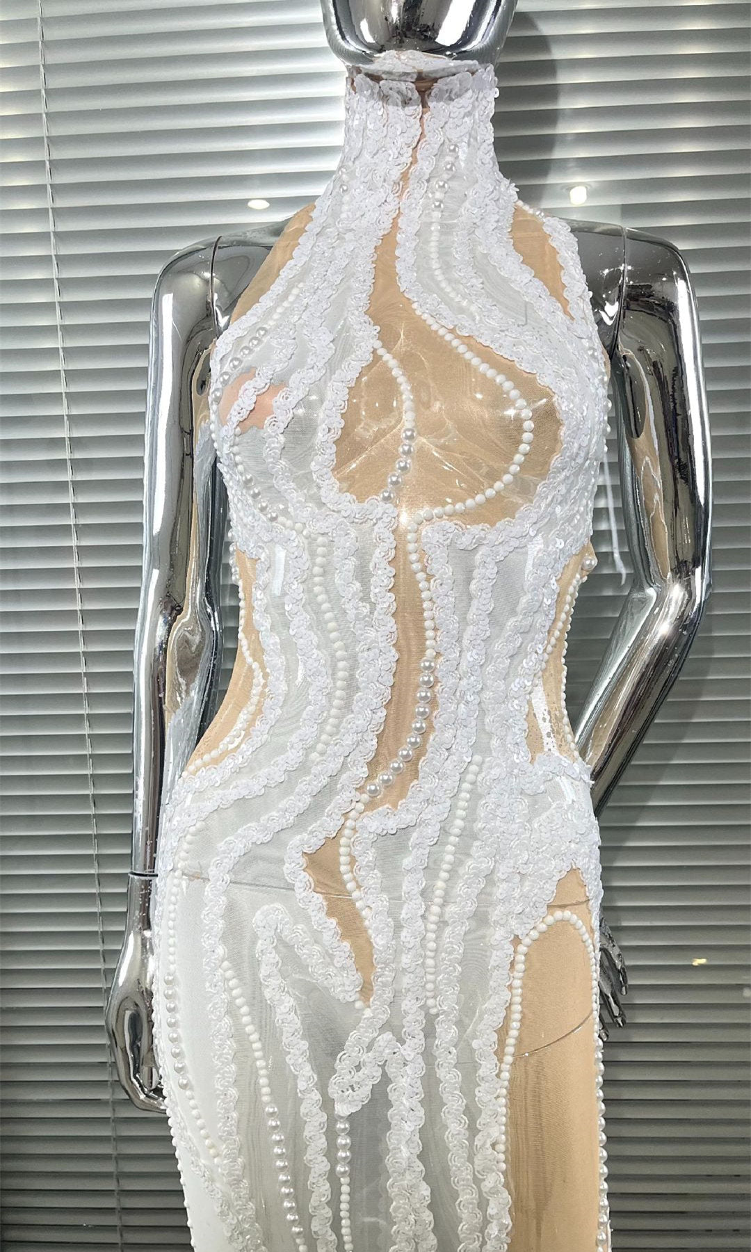 MB2105 White Sequin Mesh Maxi Dress, High Neck Sheer Bodycon Party Gown