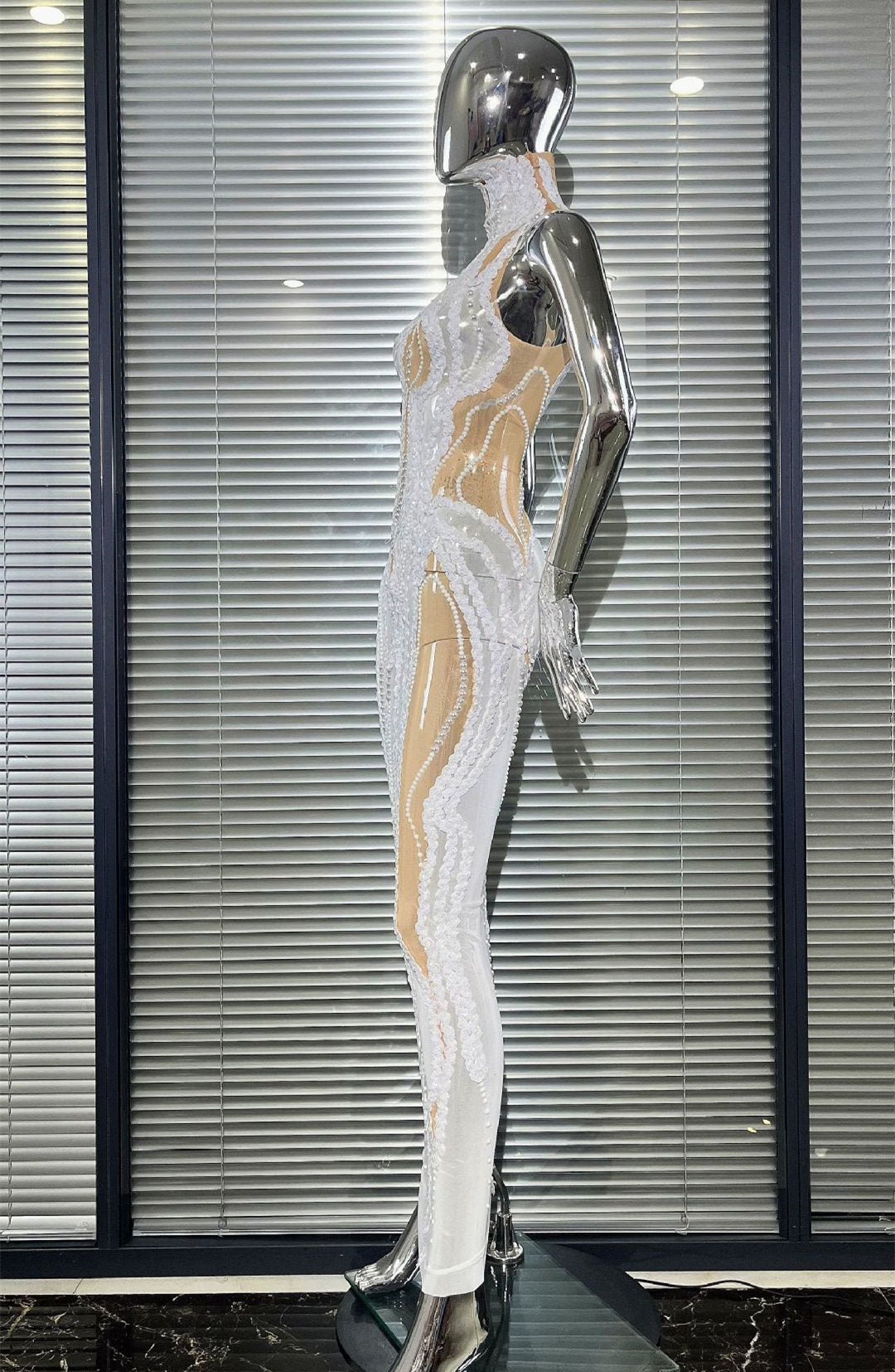 MB2105 White Sequin Mesh Maxi Dress, High Neck Sheer Bodycon Party Gown
