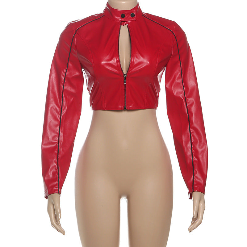 MB1529 Women's Faux Leather Zip Up Crop Jacket