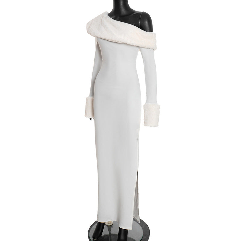 MB1419 White Faux Fur Trim Bodycon Maxi Dress for Women