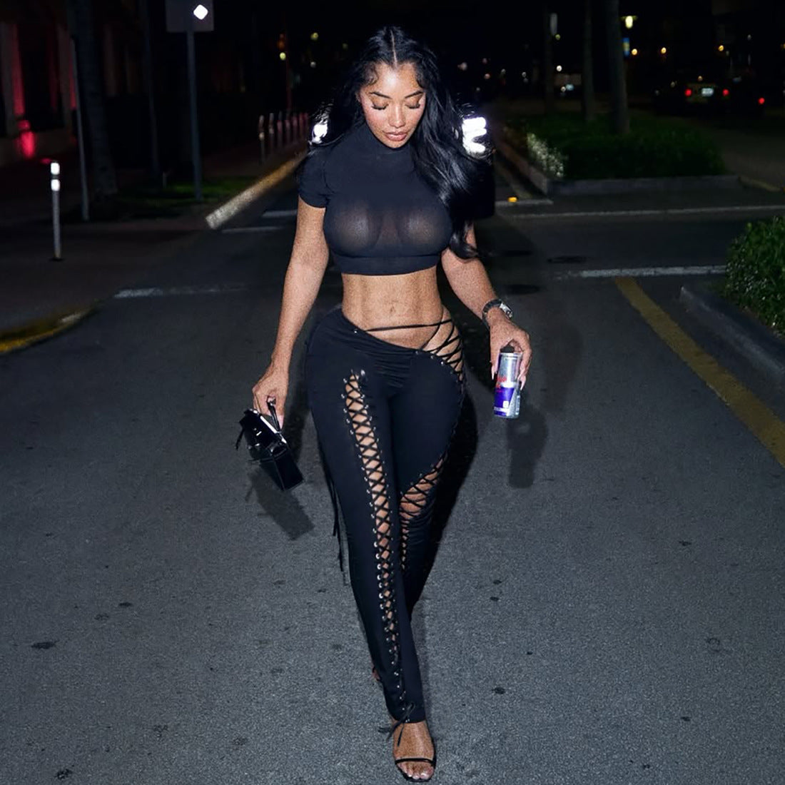 MB1807 Women's Nude Halter Bandeau Crop Top & Waist-Leg Lace-Up High-Waist Leggings Two-Piece Outfit