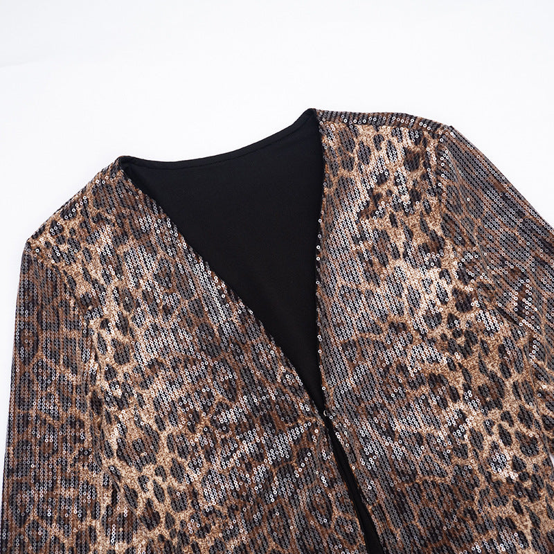 MB10123 Leopard Sequin Two Piece Set - Long Sleeve Blazer & High Waist Shorts