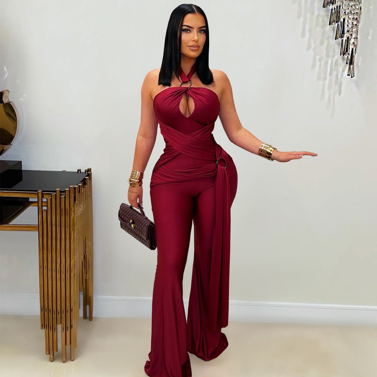 MB1603 Halter Formal Jumpsuit - Cutout Chest Crisscross Ruched Flared Leg