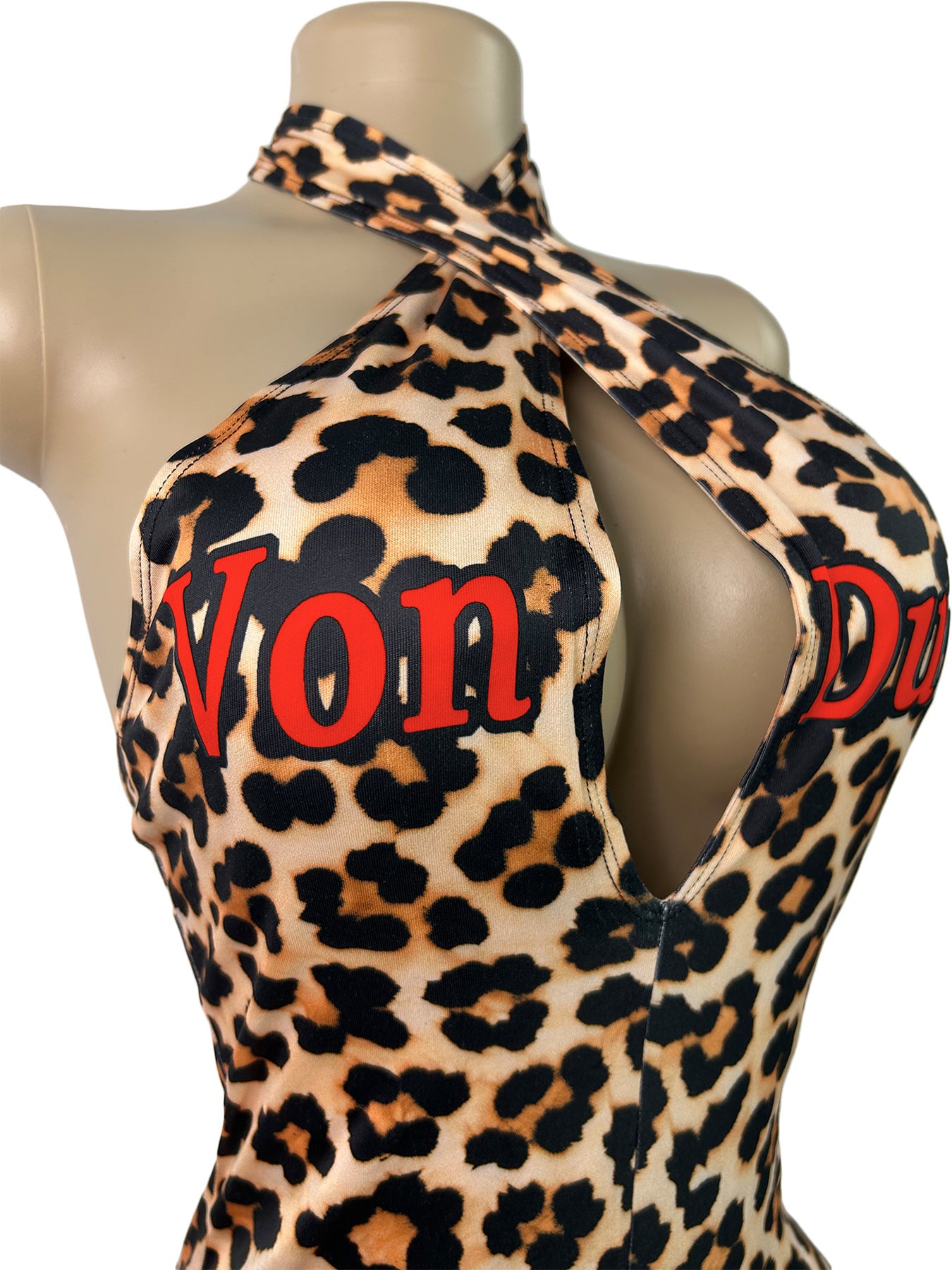 MB1729 Leopard Print Halter Neck Romper – Sexy Cutout Backless Bodycon Short Jumpsuit