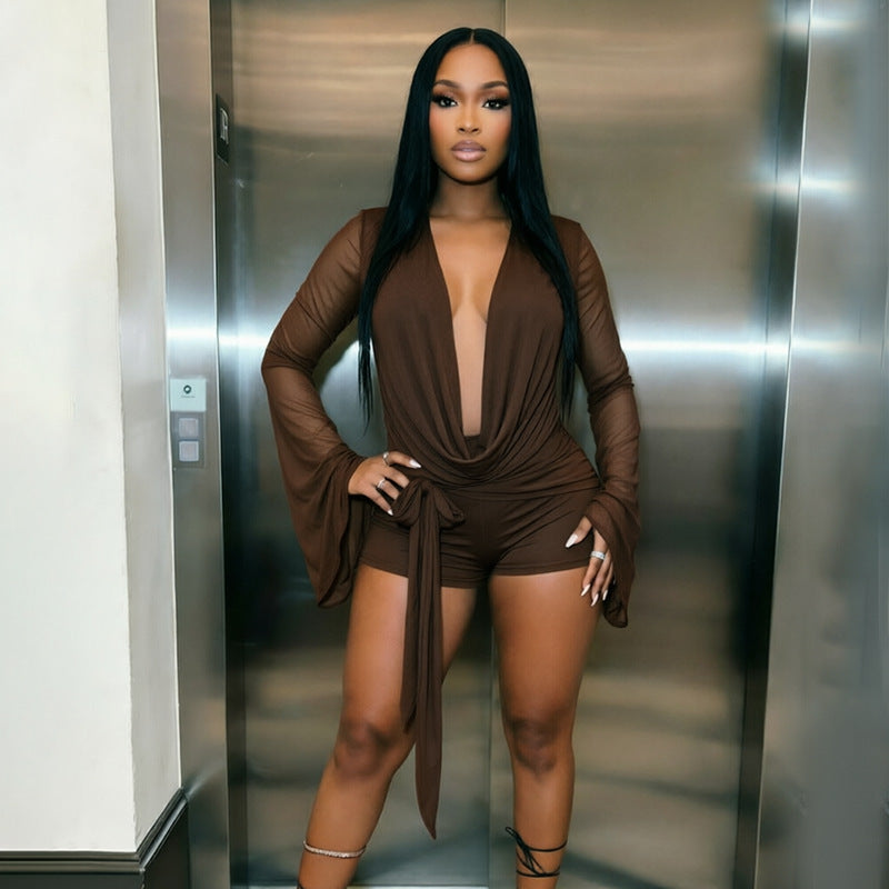 MB10195 Women Mesh Flare‑Sleeve Romper