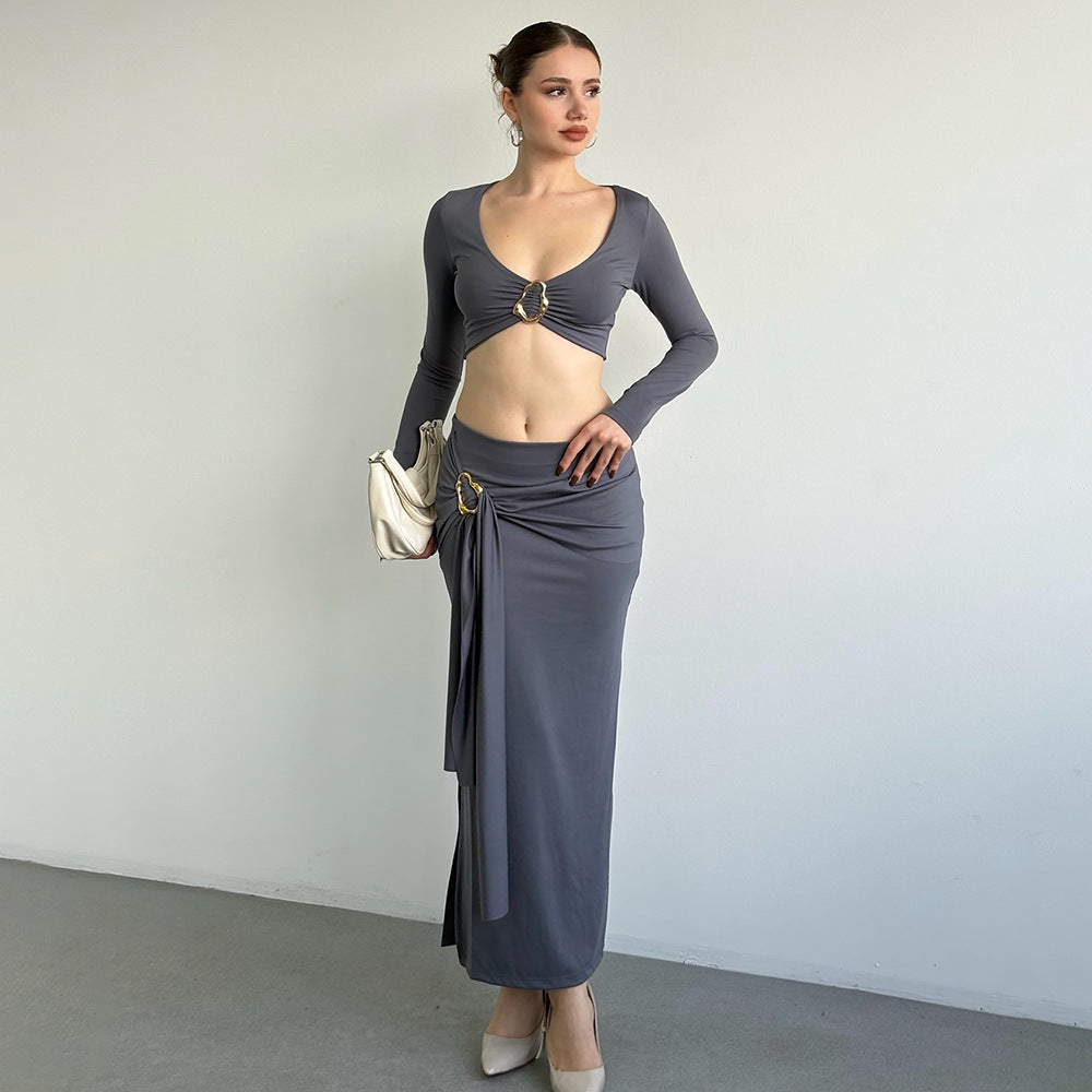 MB1319 Long Sleeve Crop Top & Maxi Skirt Two Piece Set