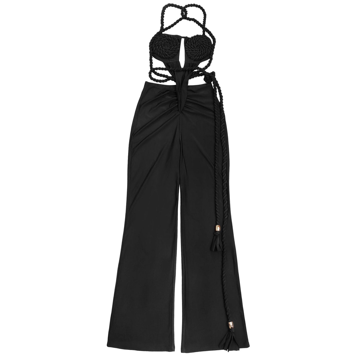 MB1621 Halter Neck Cutout 3D Flower Applique Wide Leg Jumpsuit