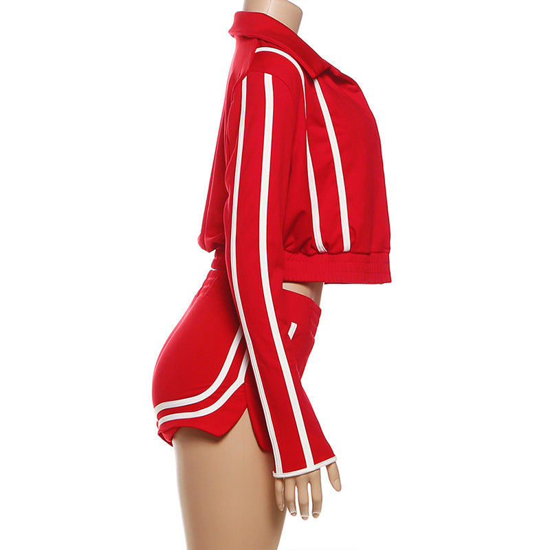 MB1803 Women's Cropped Jacket + Strappy Crop Top + High-Waisted Shorts Three-Piece Outfit