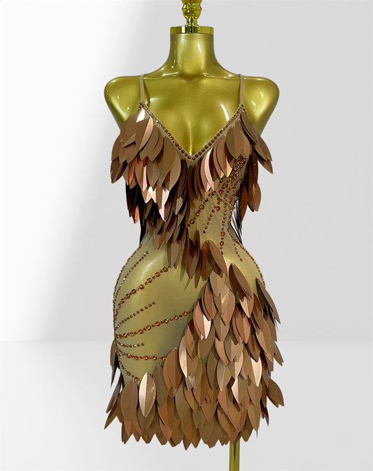 MB2103 Brown Acrylic Feather Mini Dress, Party Performance Gown