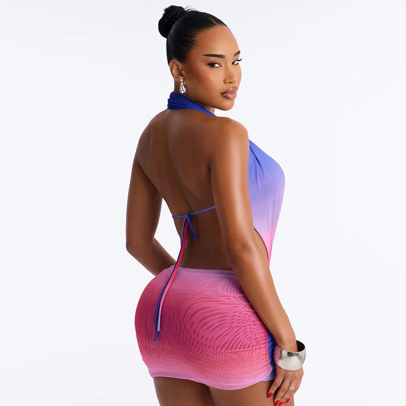 MB1463 Halter Deep‑V Cut‑Out Waist 2‑Piece Mesh Mini Skirt Set