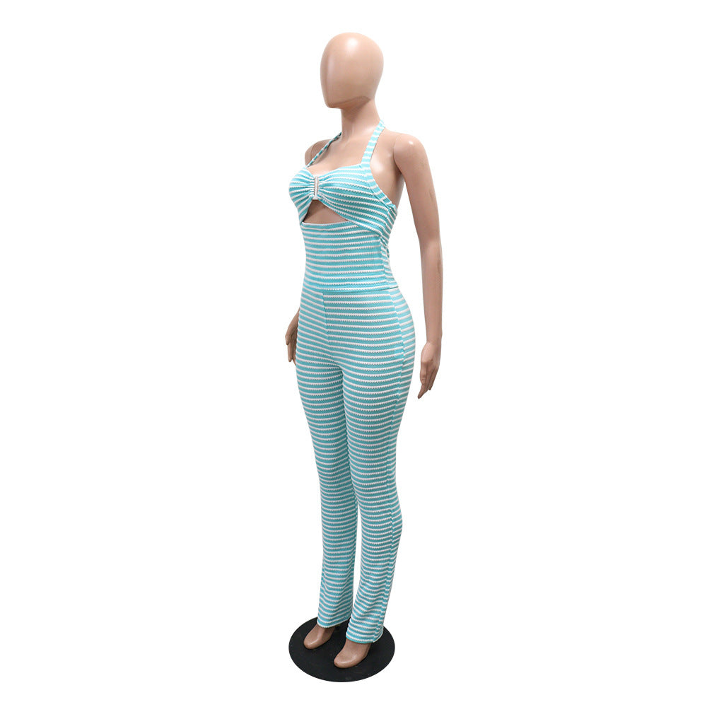 MB1220 Jacquard Stripe Crop Top & Wide Leg Pants Two Piece Set