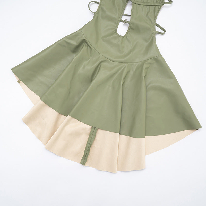 MB1085 Faux Leather Halter Dress Mini Dress for Women