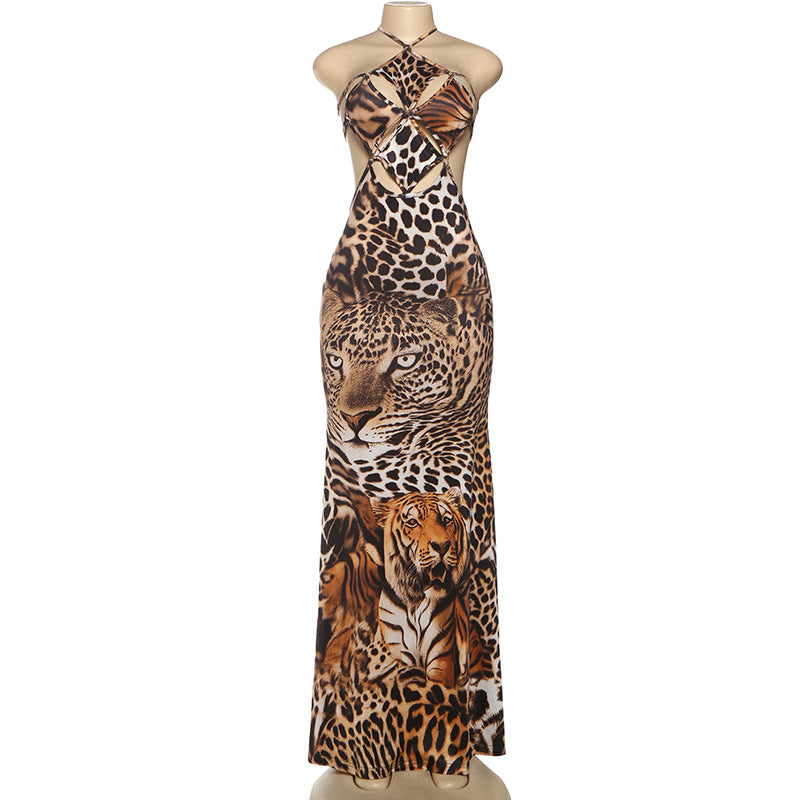 MB1817 Women's Tiger & Leopard Animal Print Side Slit Maxi Dress