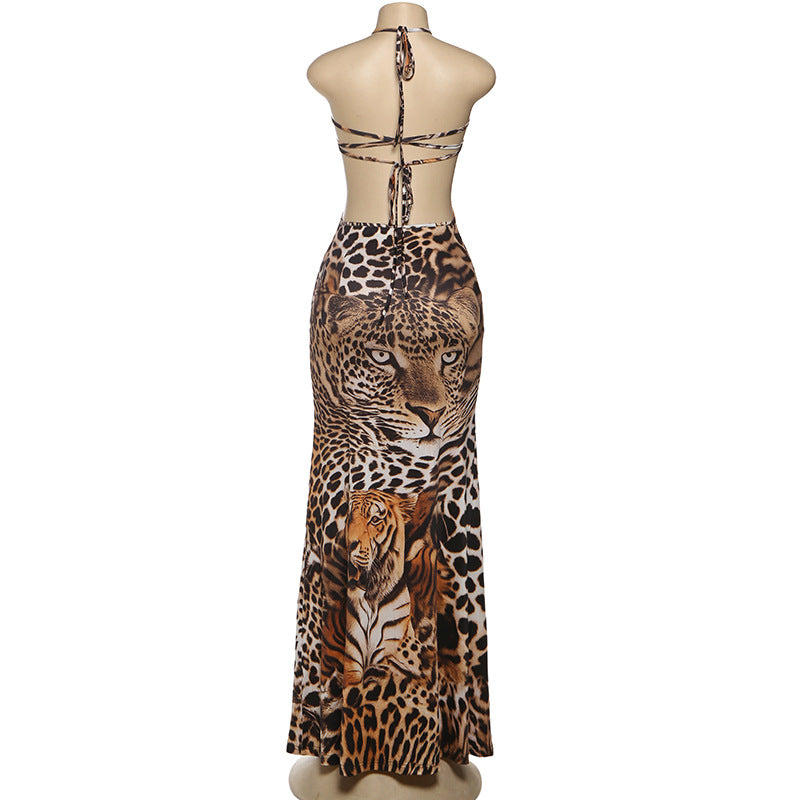 MB1817 Women's Tiger & Leopard Animal Print Side Slit Maxi Dress