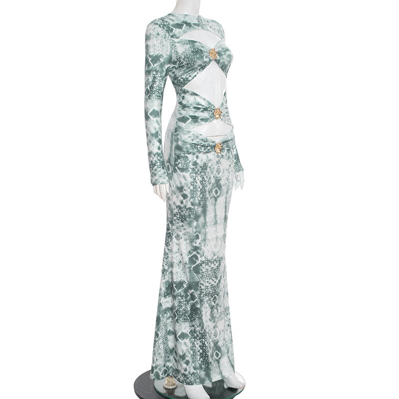 MB10114 Green Tie-Dye Cutout Maxi Dress