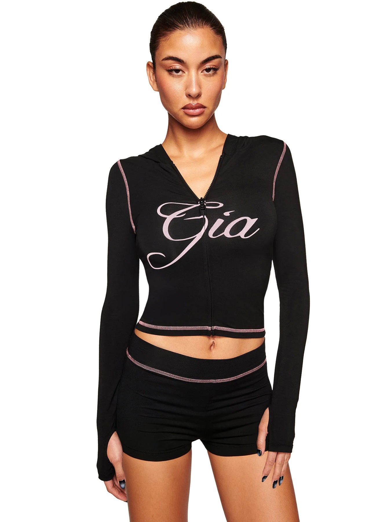 MB1727 Zip-Up Hoodie & Biker Shorts Two Piece Set – Y2K Sexy Crop Top Loungewear