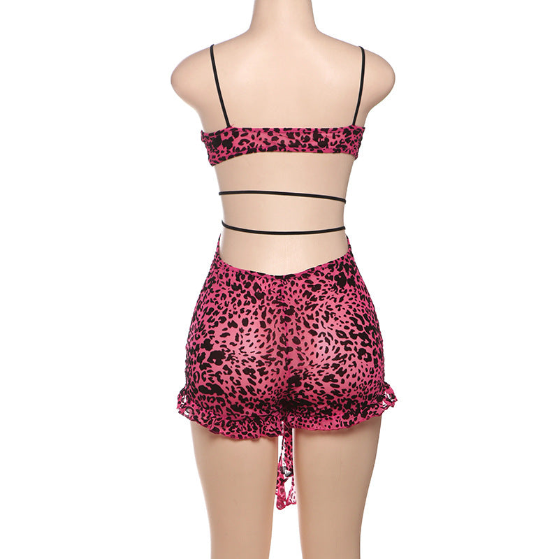 MB1502 Leopard Print Lace-Up Sheer Romper