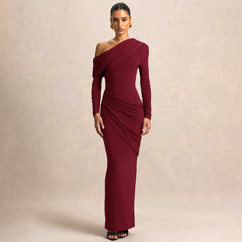 MB1422 One-Shoulder Long Sleeve Bodycon Maxi Dress for Women