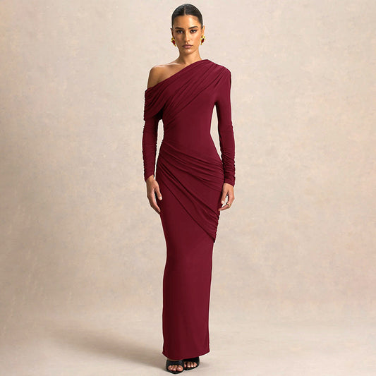 MB1422 One-Shoulder Long Sleeve Bodycon Maxi Dress for Women