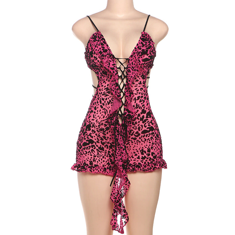 MB1502 Leopard Print Lace-Up Sheer Romper