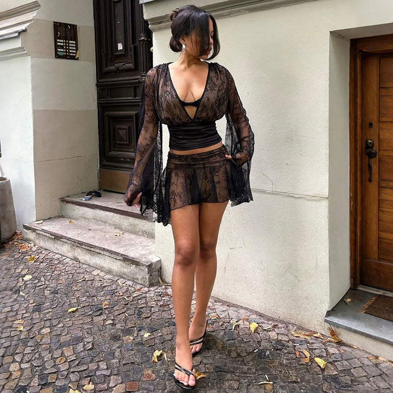 MB1141 Black Sheer Deep V Crop Top & Mini Skirt for Women