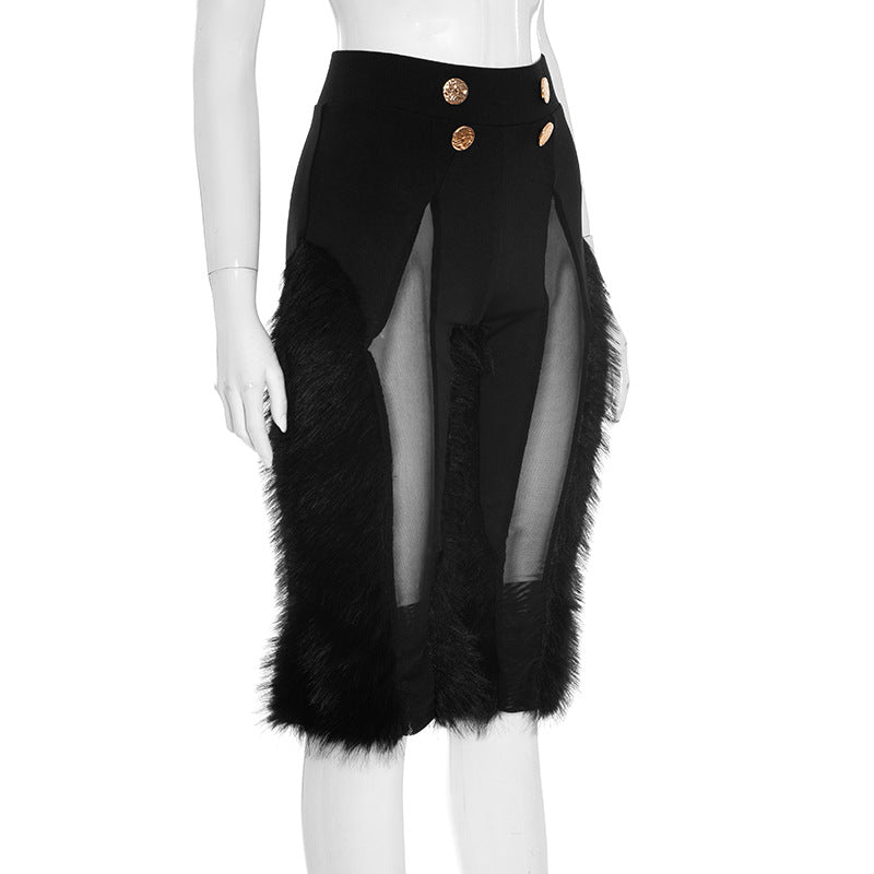 MB10101 High-Waist Sheer Mesh & Faux Fur Trim Pants