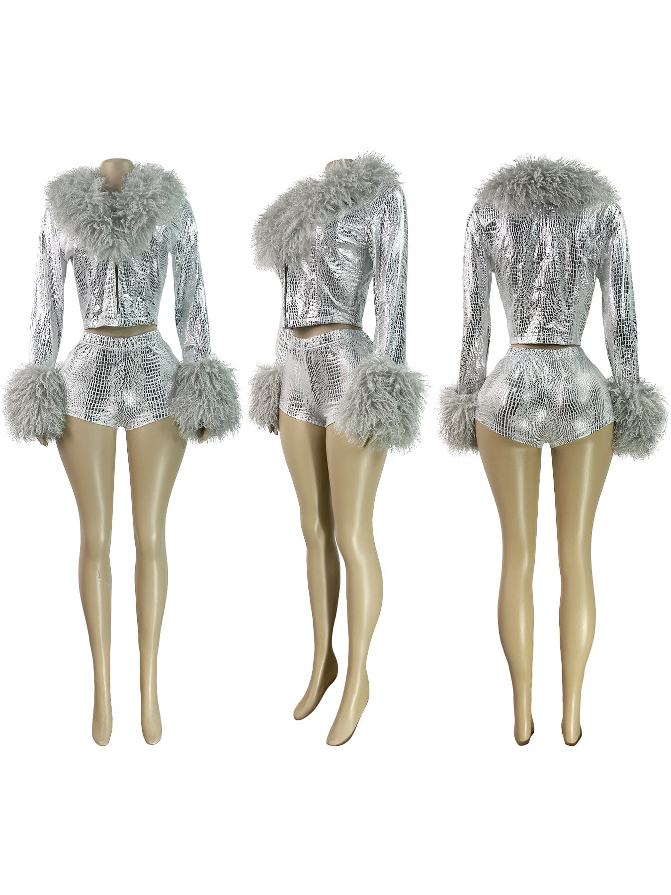 MB1726 Red Crocodile Print Faux Fur Trim 2 Piece Short Set | Cropped Jacket & Shorts