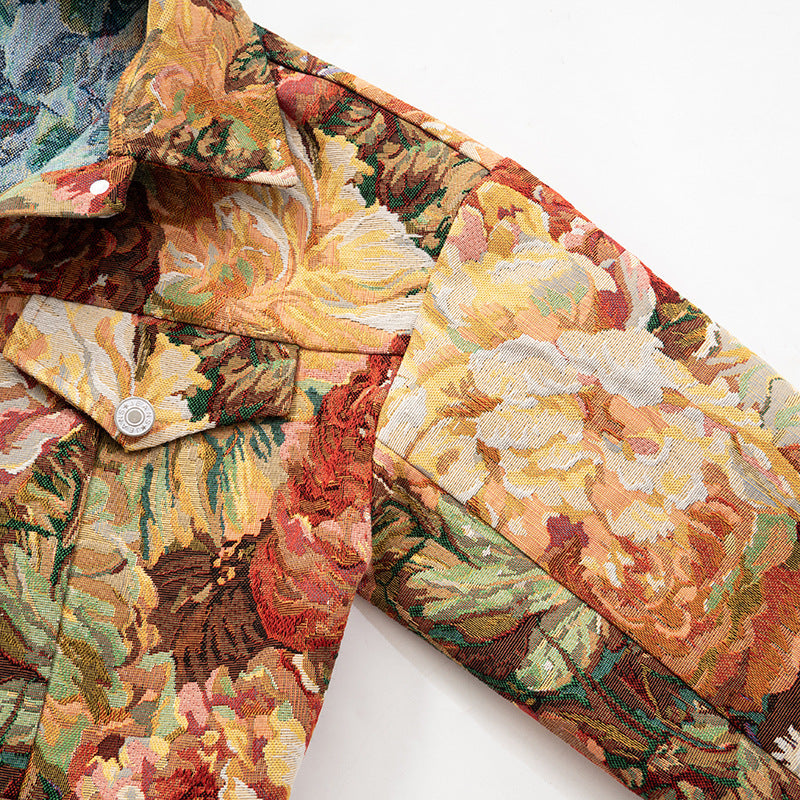 MB10105 Vintage Floral Jacquard Crop Collared Jacket