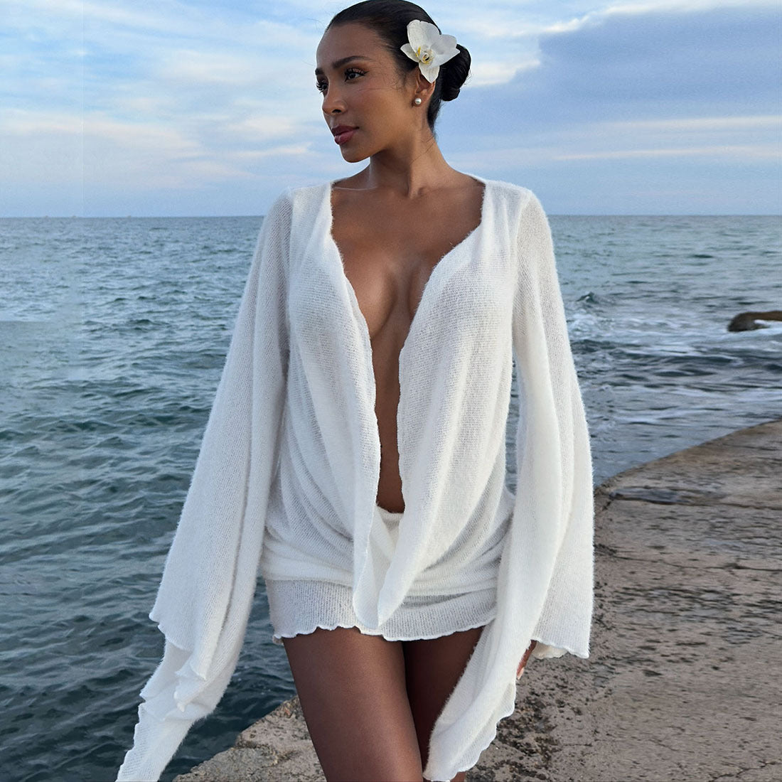 MB1129 White Plunging Cowl Neck Bell Sleeve A-Line Mini Dress