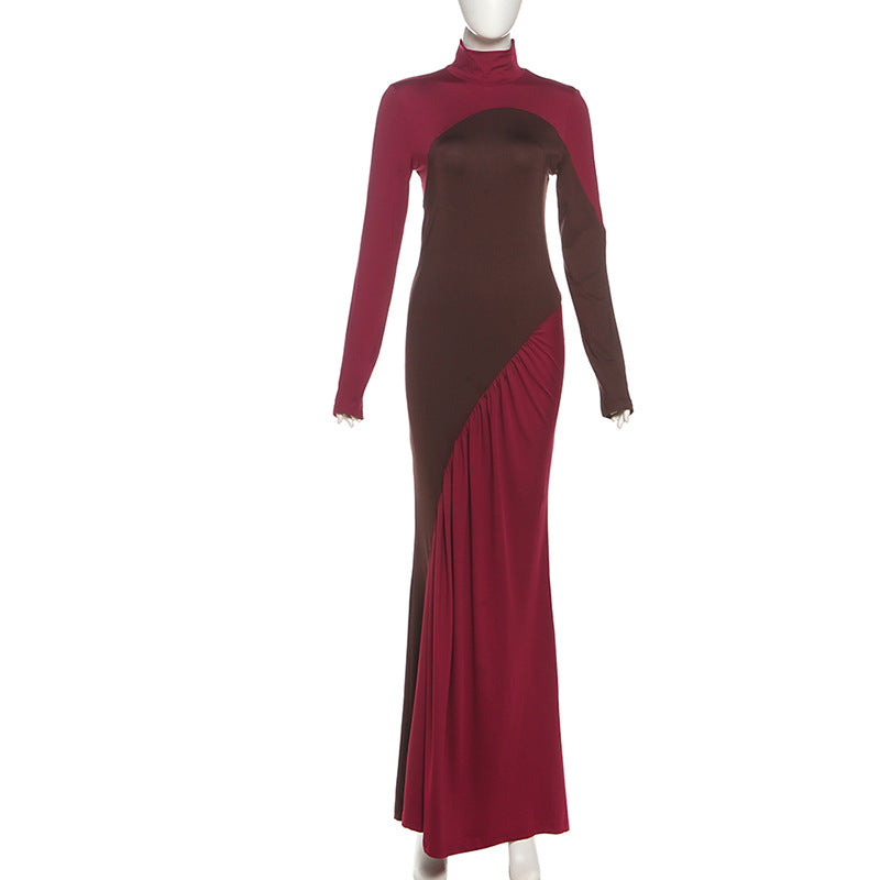 MB1515 Color Block Turtleneck Maxi Dress