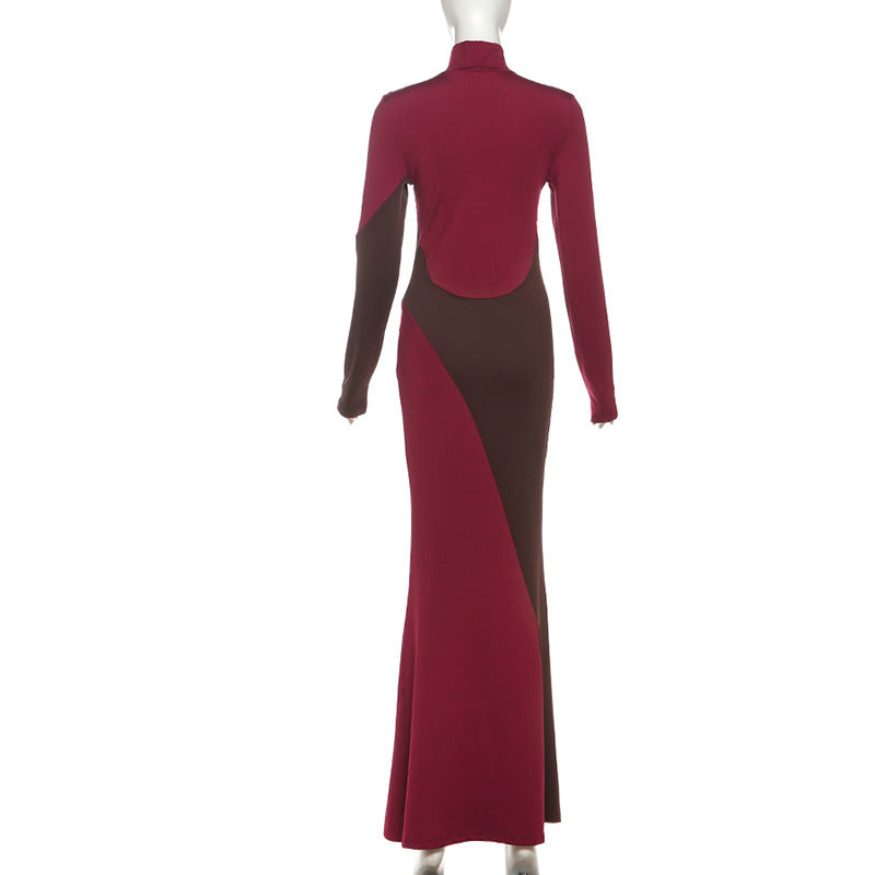 MB1515 Color Block Turtleneck Maxi Dress