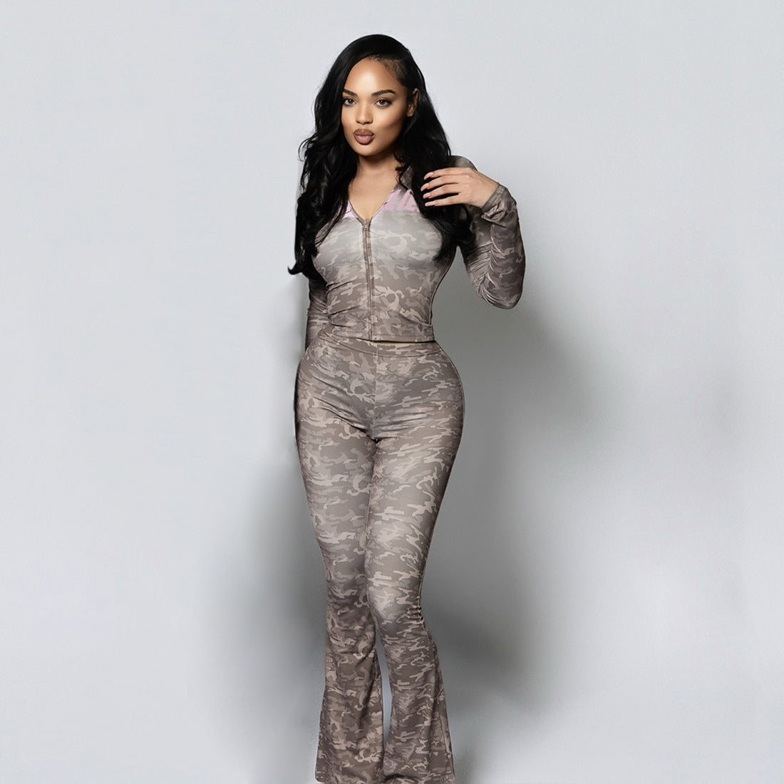 MB1830 Women's Leopard Print Zip Up Hoodie & Flared Pants 2 Piece Set