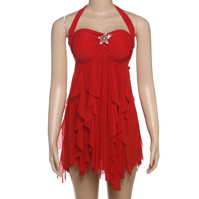 MB1113 Sexy Halter Backless Mini Dress with Ruffled Hem