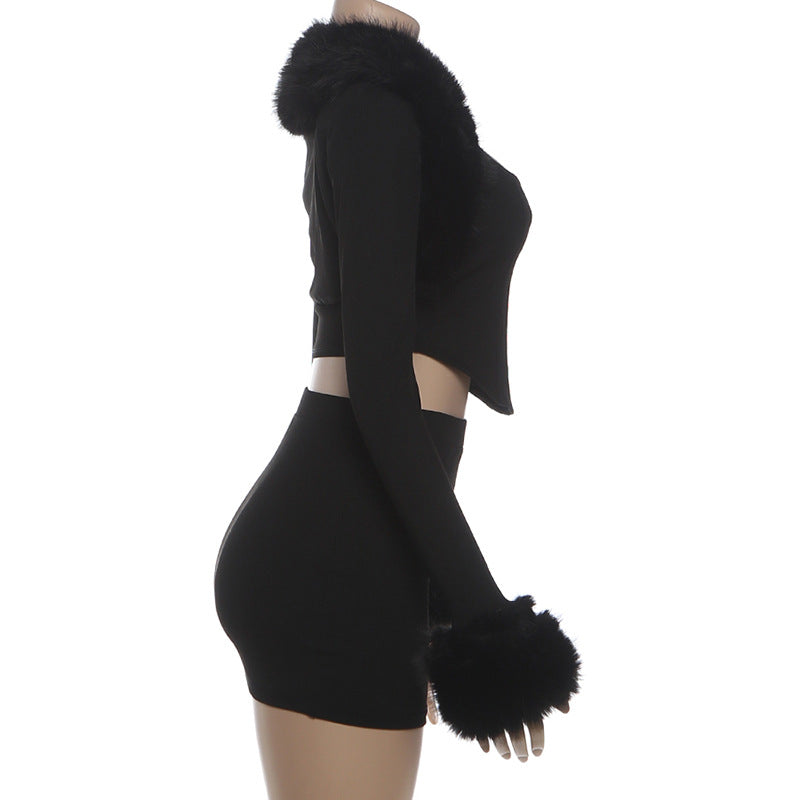 MB1813 Women's Faux Fur 3-Piece Set Crop Top Mini Skirt Long Sleeve Shrug