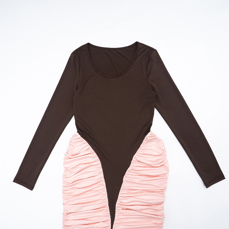 MB10120 Brown & Pink Color Block Maxi Dress for Women