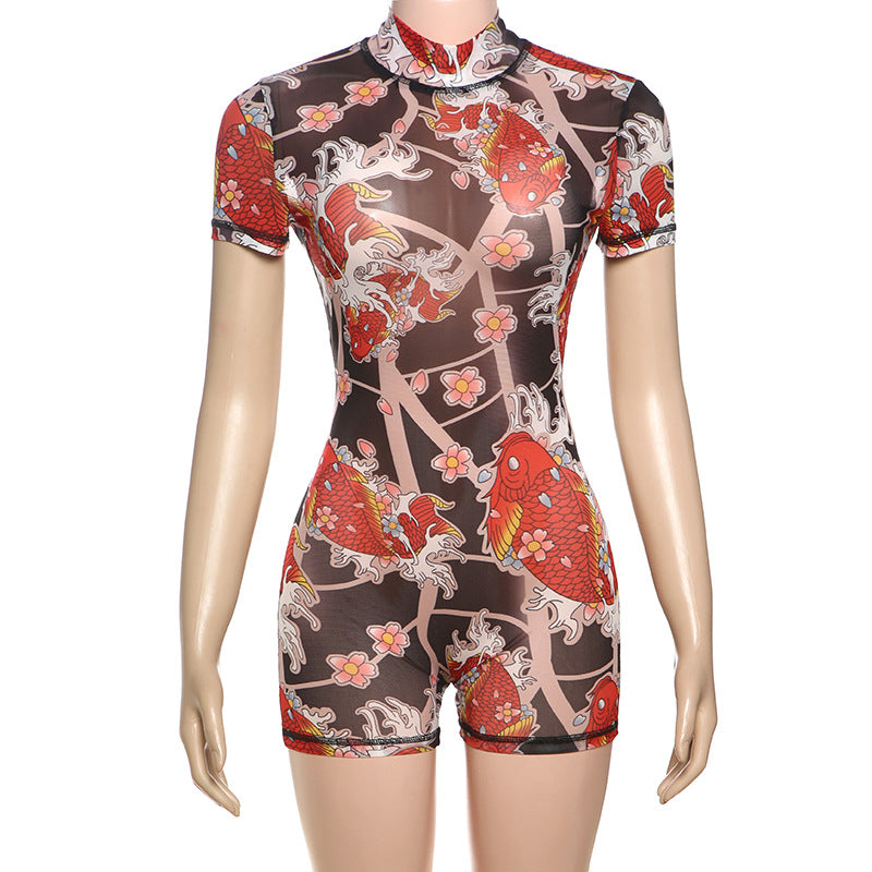 MB1112 Graphic Print Sheer Tight Backless Romper