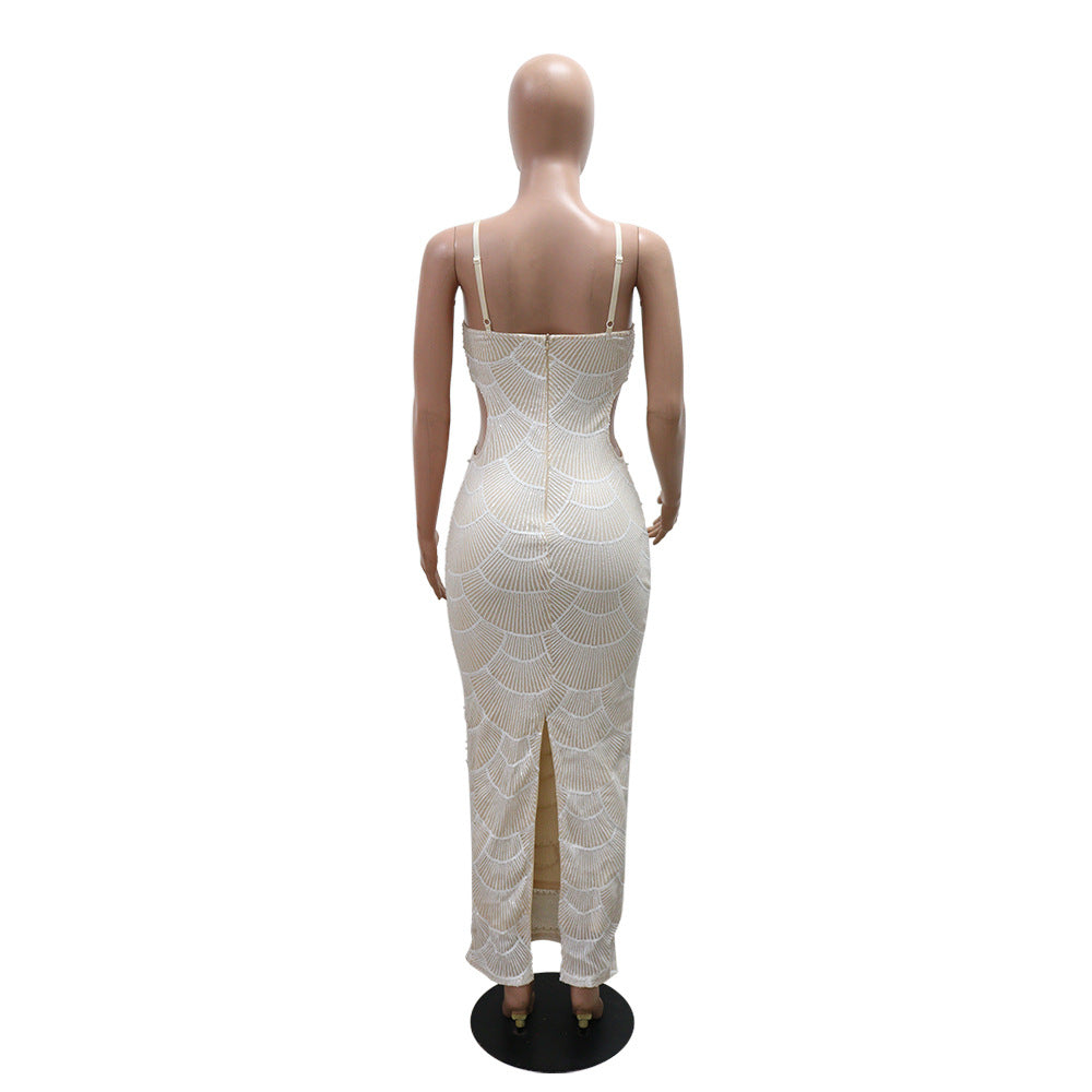 MB1203 Women's Beaded Spaghetti Strap Long Evening Gown