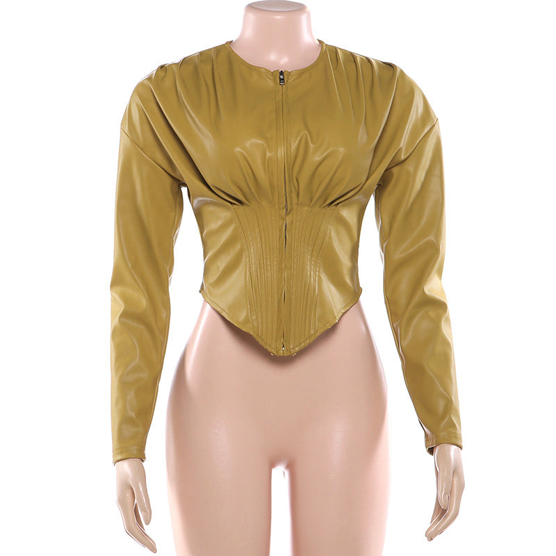 MB1840 Mustard Faux Leather Corset Crop Top | Long Sleeve Zip-Up Blouse