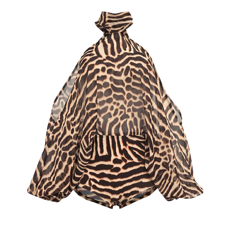 MB1461 Tiger‑Print Halter Flare‑Sleeve Chiffon Top & High‑Waist Shorts 2‑Piece Outfit Set