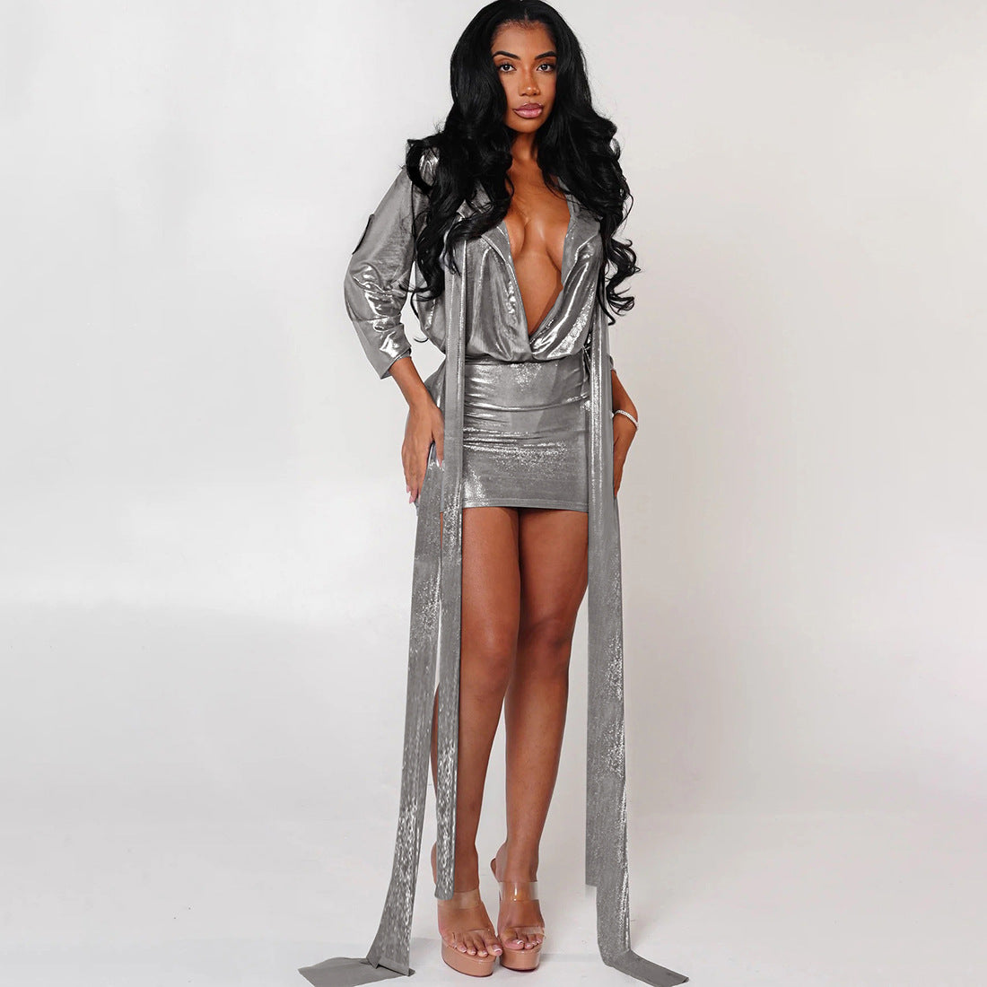 MB1509 Metallic 2-Piece Set: Long Sleeve Wrap Top and Bodycon Mini Skirt
