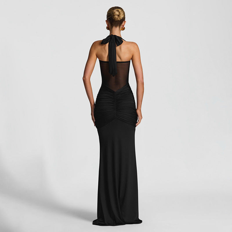 MB1816 Women's Sheer Mesh Halter Ruched Mermaid Maxi Dress