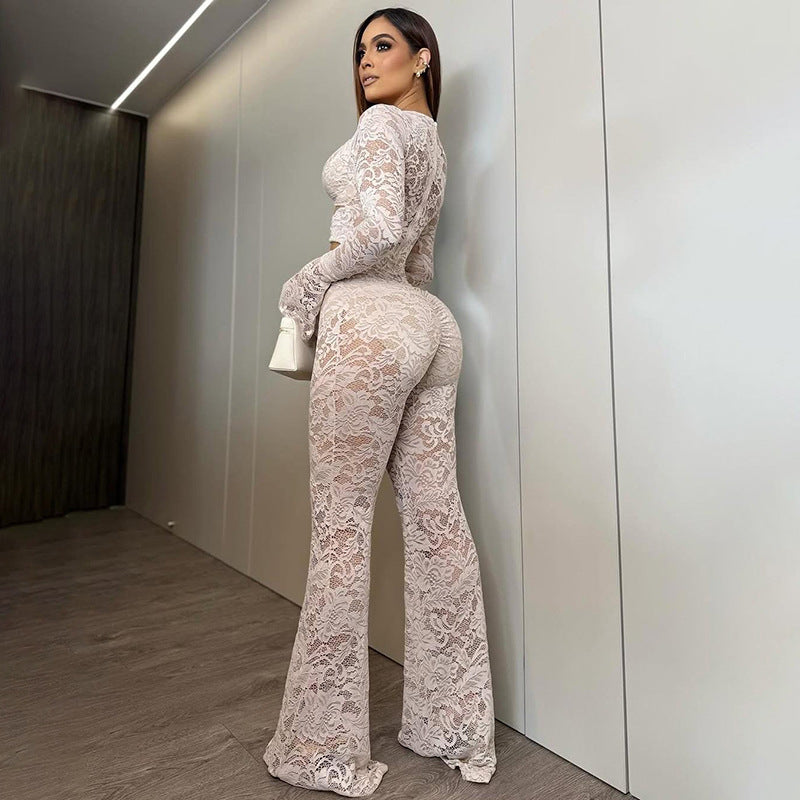 MB1823 Lace Cutout Long Sleeve Top & Flare Pants 2 Piece Set