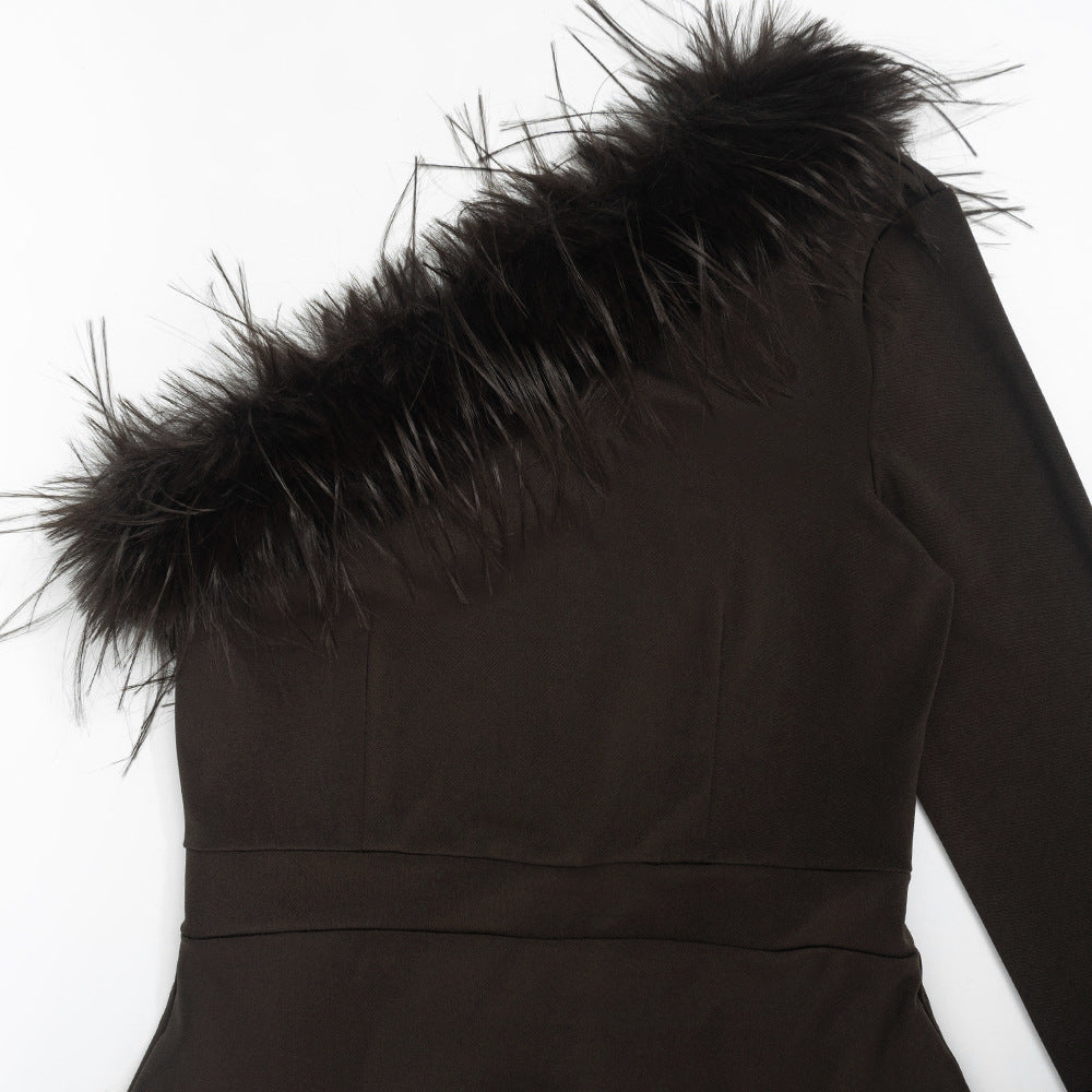 MB1313 Black One-Shoulder Feather Bodycon A-Line Mini Dress