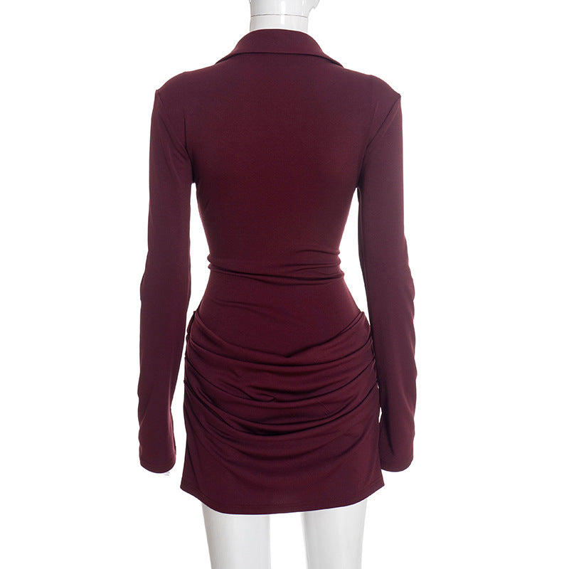 MB1438 Women's Deep V-Neck Ruched Bodycon Mini Dress