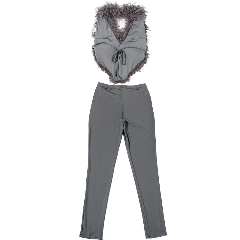 MB1801 Women's Faux Fur Trim Top & High Waist Leggings Two-Piece Outfit