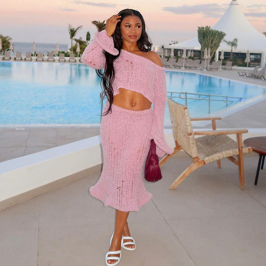 MB1080 Knit Crop Top & Fishtail Skirt Two-Piece Set for Women