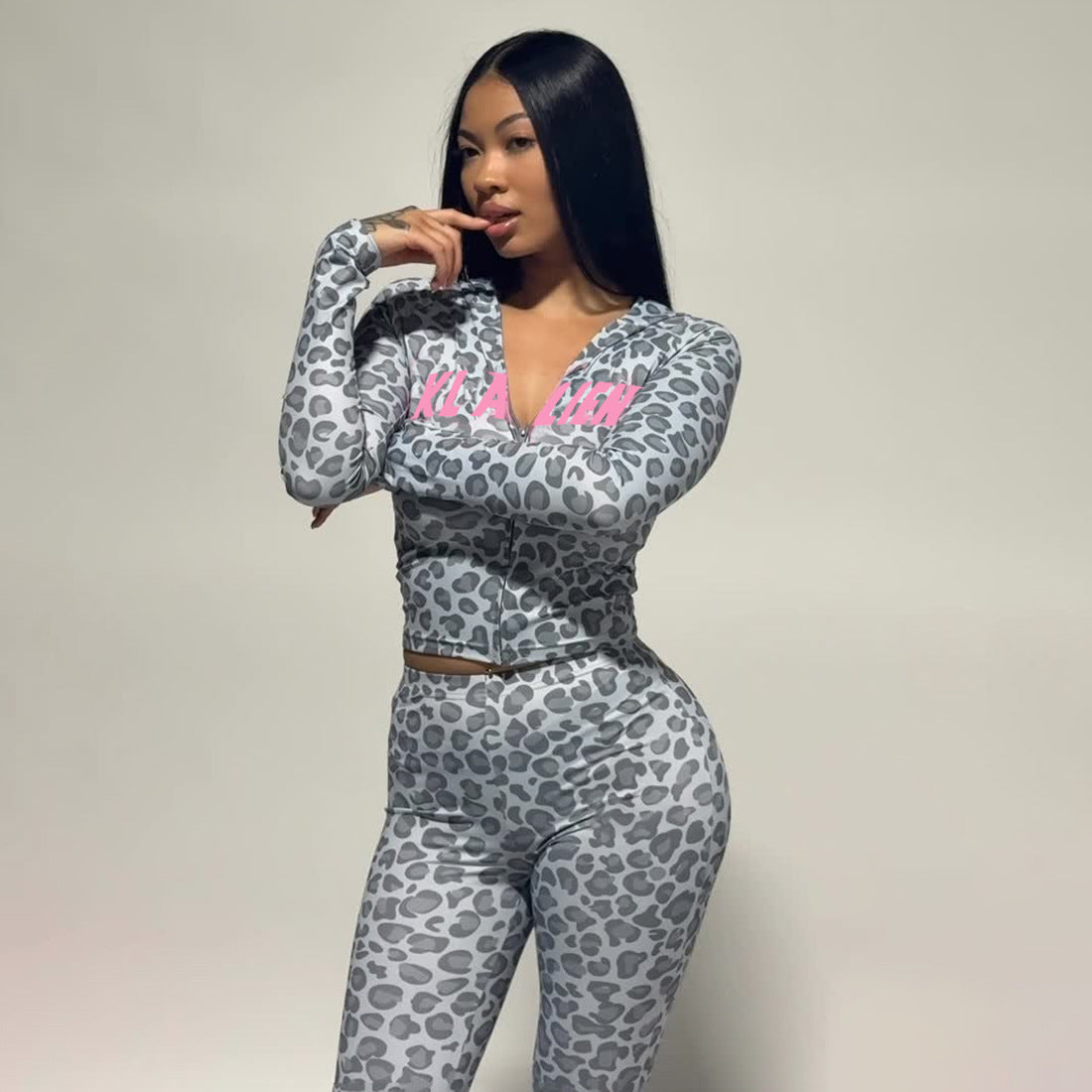 MB1830 Women's Leopard Print Zip Up Hoodie & Flared Pants 2 Piece Set